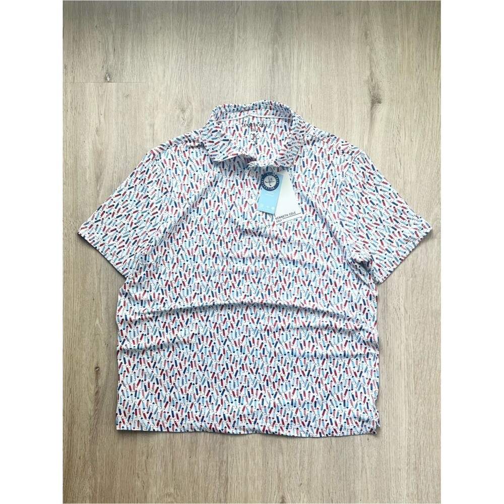 NWT Kenneth Cole Mens S Firecracker Print Performance Short Sleeve Golf Shirt